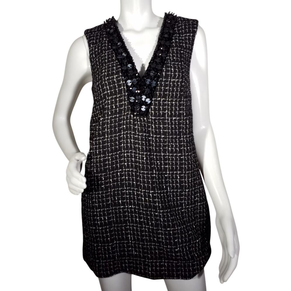 Maeve Anthropologie Womens Sz S Sequin Embellished V-Neck Tweed Mini Dress Black